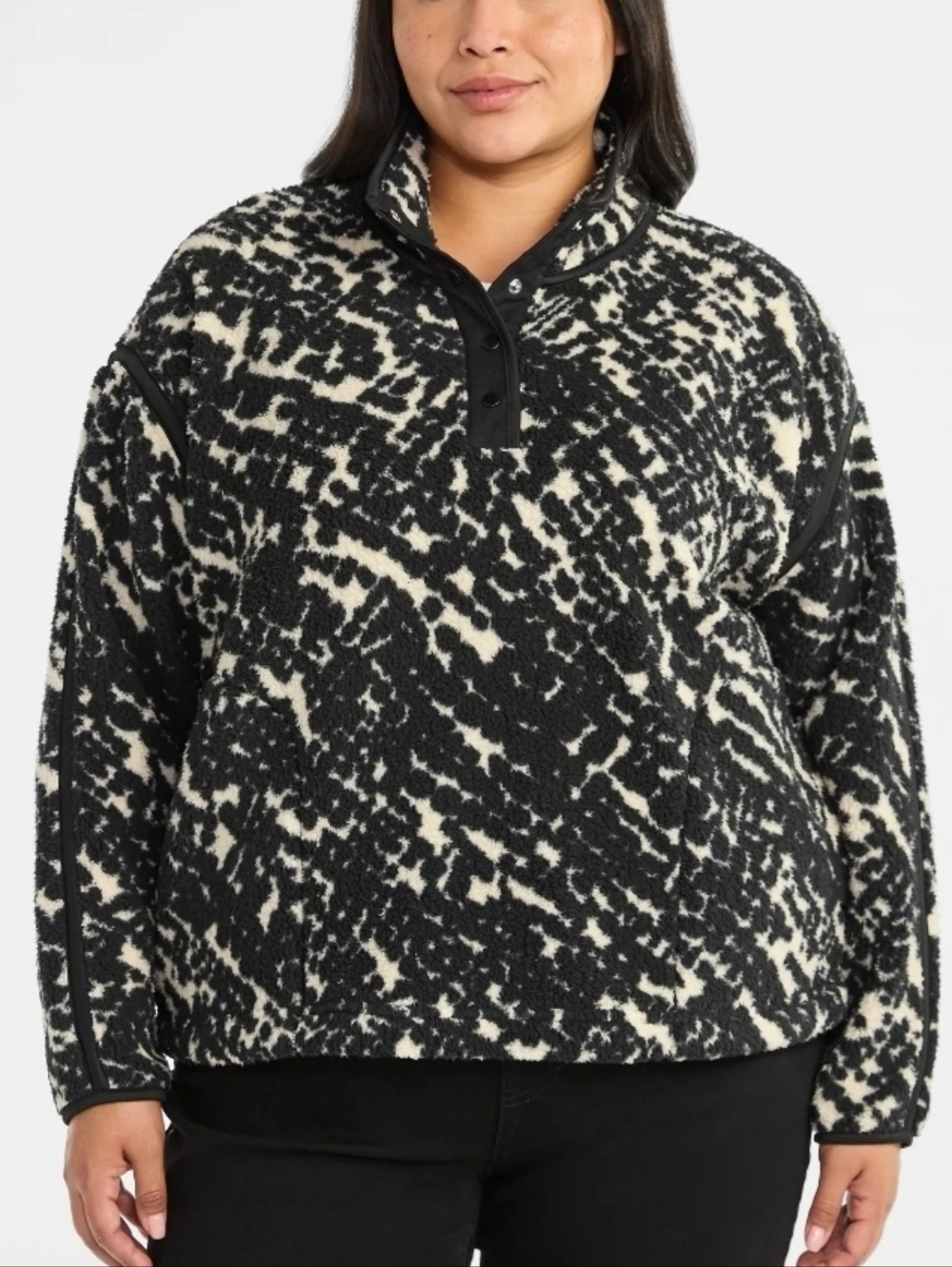 Terra & Sky Black and Cream Snap-Neck Fleece Pullover Size 3X (24w-26w)